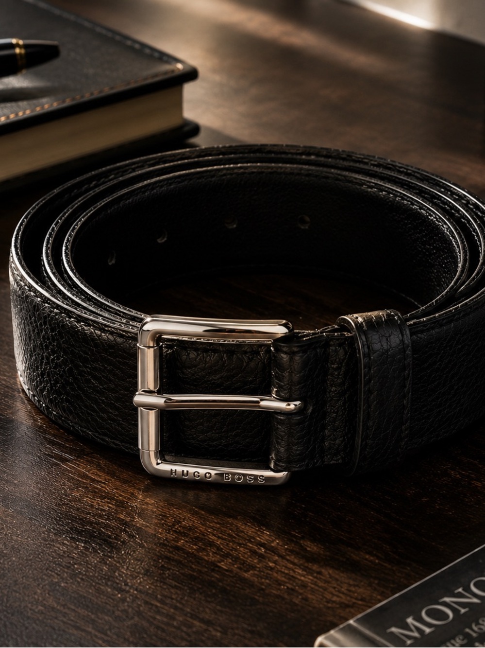 Hugo Boss Men’s Black Leather Belt 90/34 (34”) Silver Buckle Handmade in Tunisia